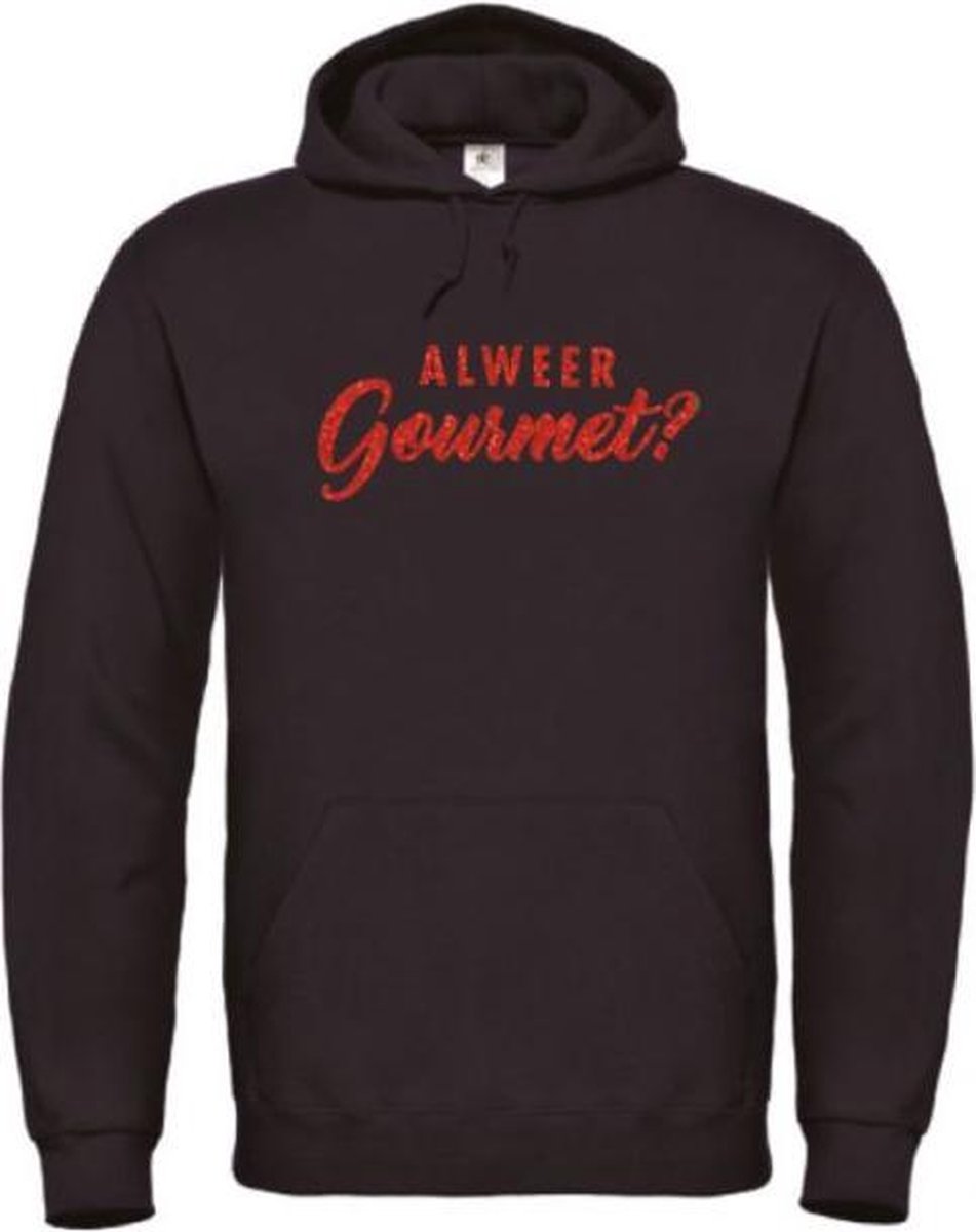 Kerst hoodie zwart S - Alweer gourmet? - Rood glitter - soBAD. | Kersttrui soBAD. | kerstsweaters volwassenen | kerst hoodie volwassenen | Kerst outfit | Foute kerst truien